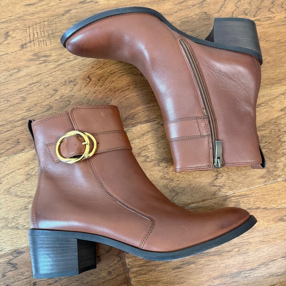 Paul Green Vanessa Boot Cognac Brown Gold Ankle Boots With Buckle SZ UK 6 US 8